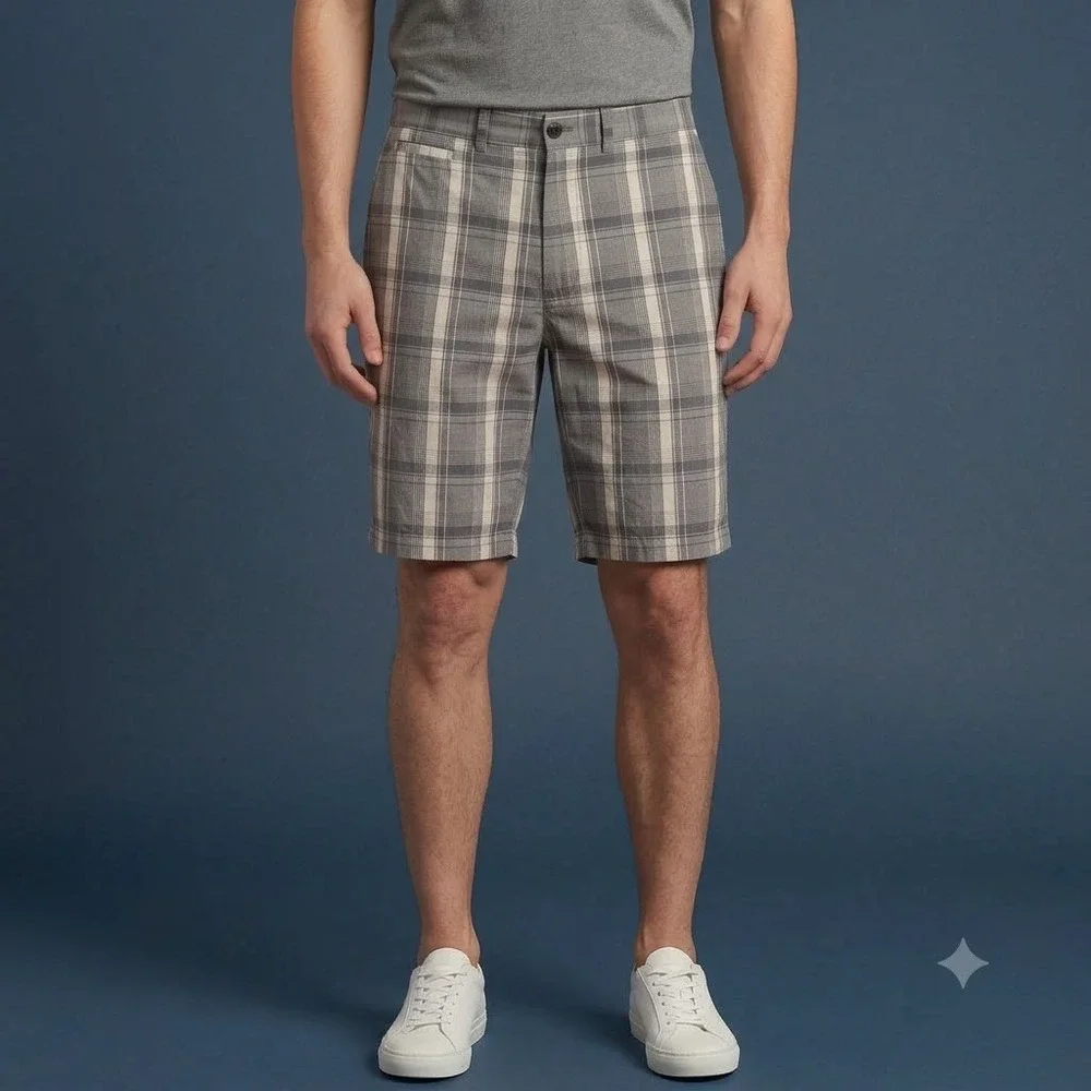 Banana Republic Plaid Shorts Mens 33 Gray White Flat‎ Front Casual